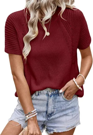 Dokotoo Women's Tops Dressy Casual Summer Crewneck Short Sleeve Sweaters Knit Solid Trendy Hollow Out Shirts Blouses