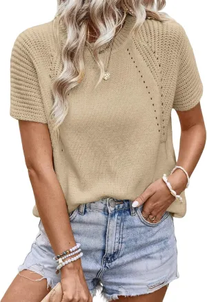 Dokotoo Women's Tops Dressy Casual Summer Crewneck Short Sleeve Sweaters Knit Solid Trendy Hollow Out Shirts Blouses