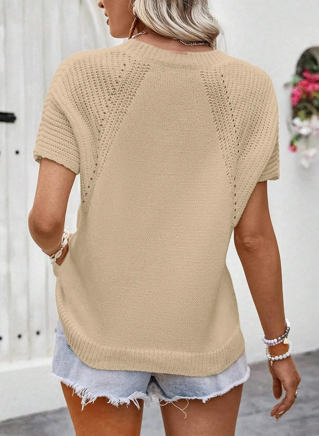 Dokotoo Women's Tops Dressy Casual Summer Crewneck Short Sleeve Sweaters Knit Solid Trendy Hollow Out Shirts Blouses