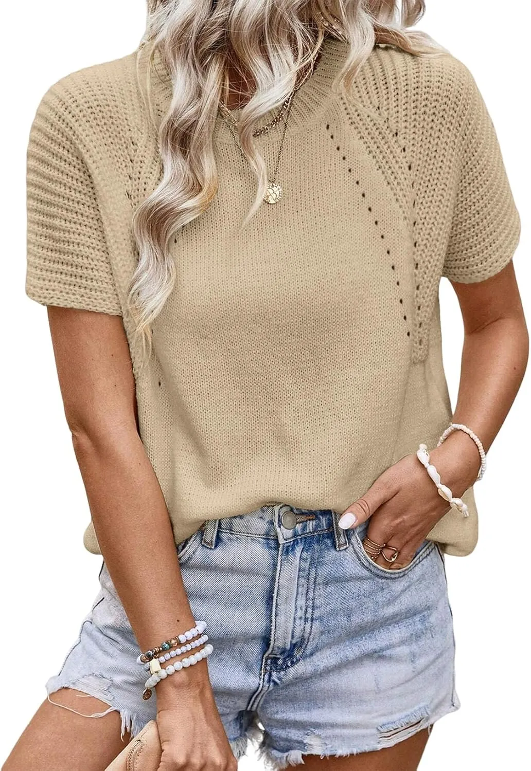 Dokotoo Women's Tops Dressy Casual Summer Crewneck Short Sleeve Sweaters Knit Solid Trendy Hollow Out Shirts Blouses