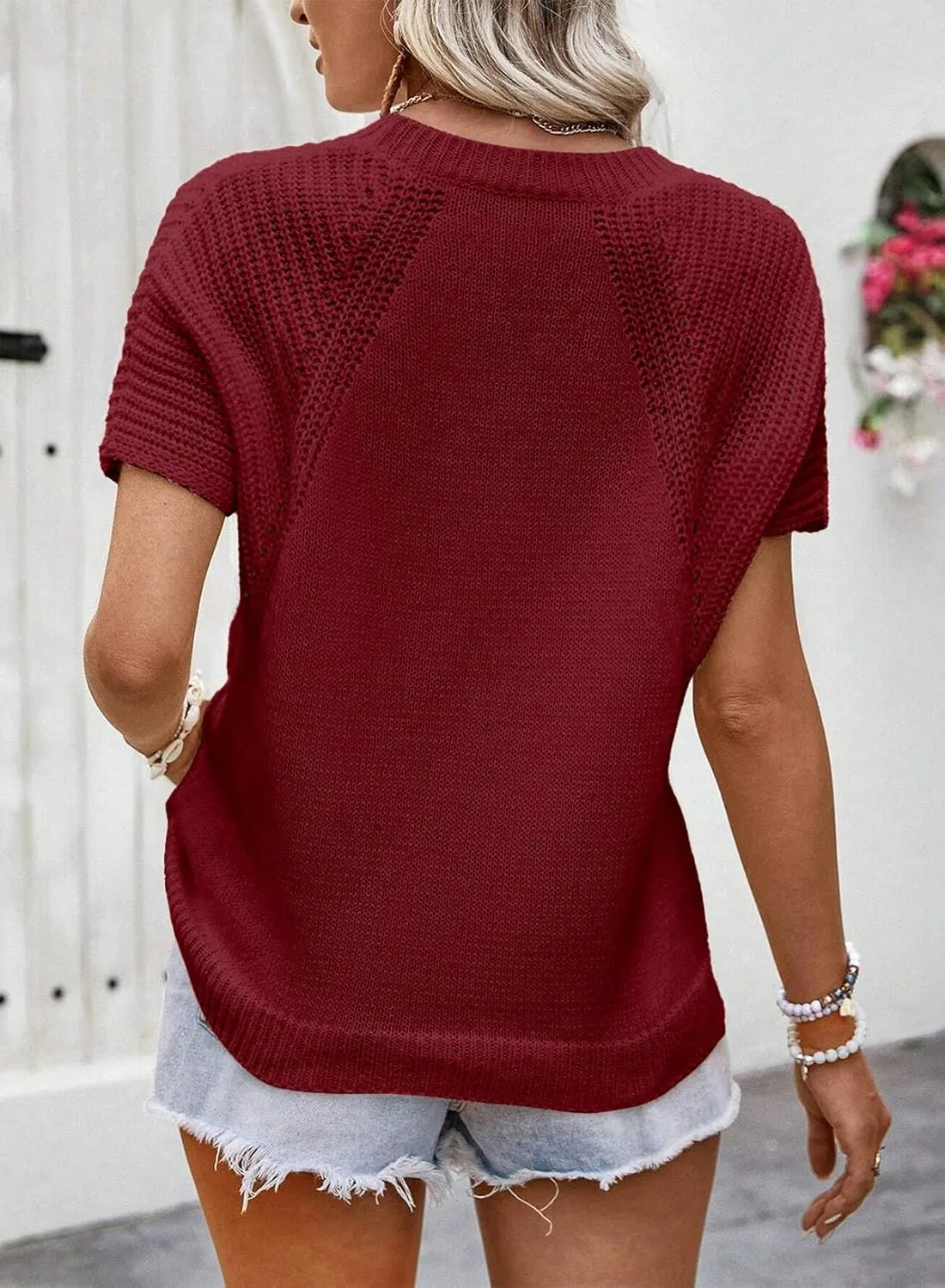 Dokotoo Women's Tops Dressy Casual Summer Crewneck Short Sleeve Sweaters Knit Solid Trendy Hollow Out Shirts Blouses