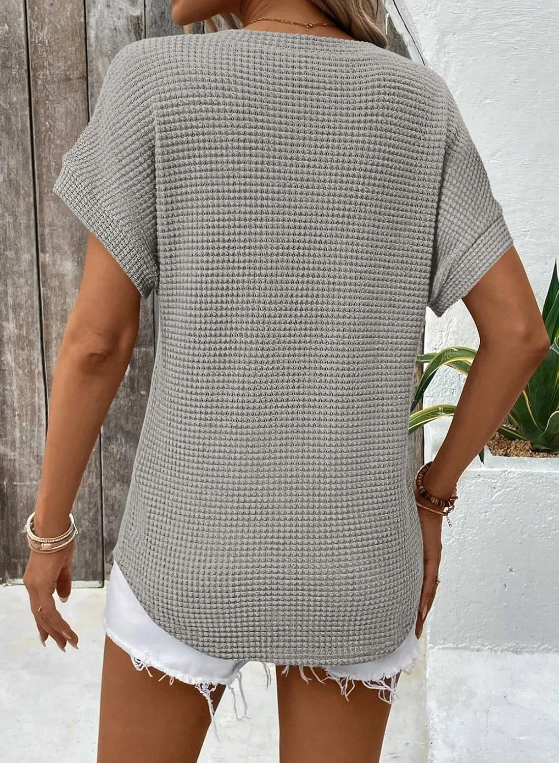 Dokotoo Womens Waffle Knit Tops 2025 Spring Summer V Neck Shirts Casual Trendy Women's Blouses Basic Tee