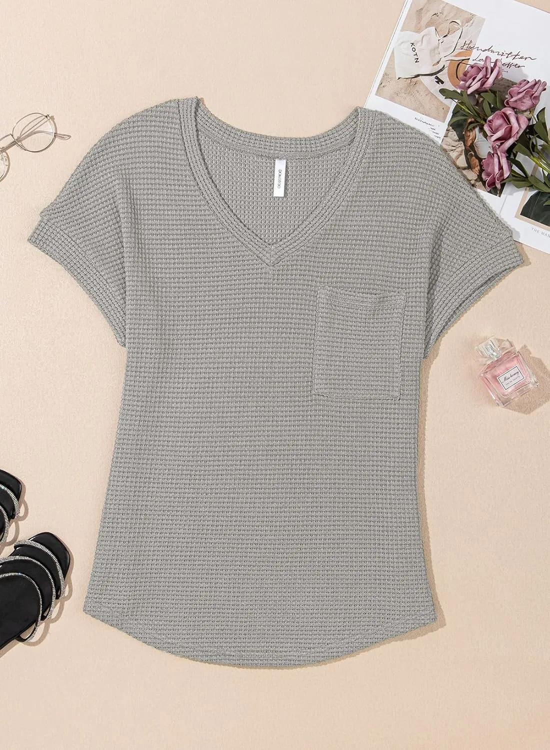 Dokotoo Womens Waffle Knit Tops 2025 Spring Summer V Neck Shirts Casual Trendy Women's Blouses Basic Tee
