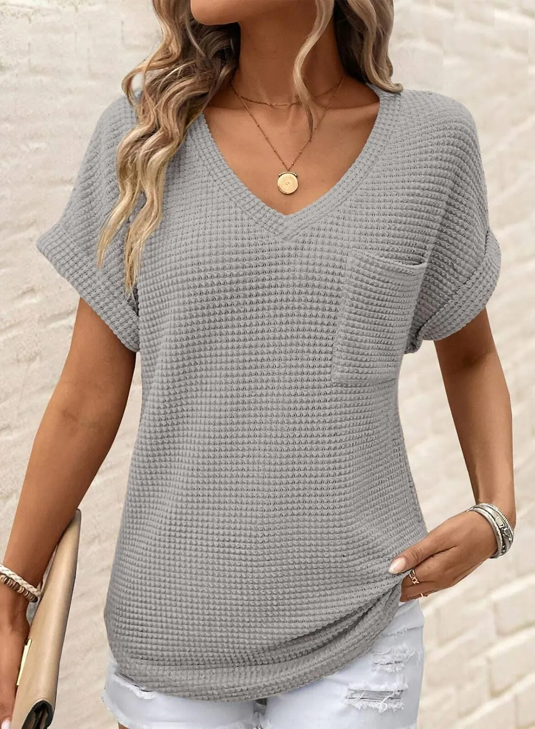 Dokotoo Womens Waffle Knit Tops 2025 Spring Summer V Neck Shirts Casual Trendy Women's Blouses Basic Tee