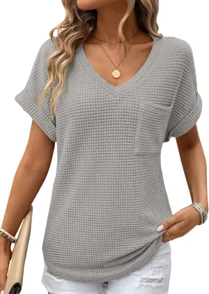 Dokotoo Womens Waffle Knit Tops 2025 Spring Summer V Neck Shirts Casual Trendy Women's Blouses Basic Tee