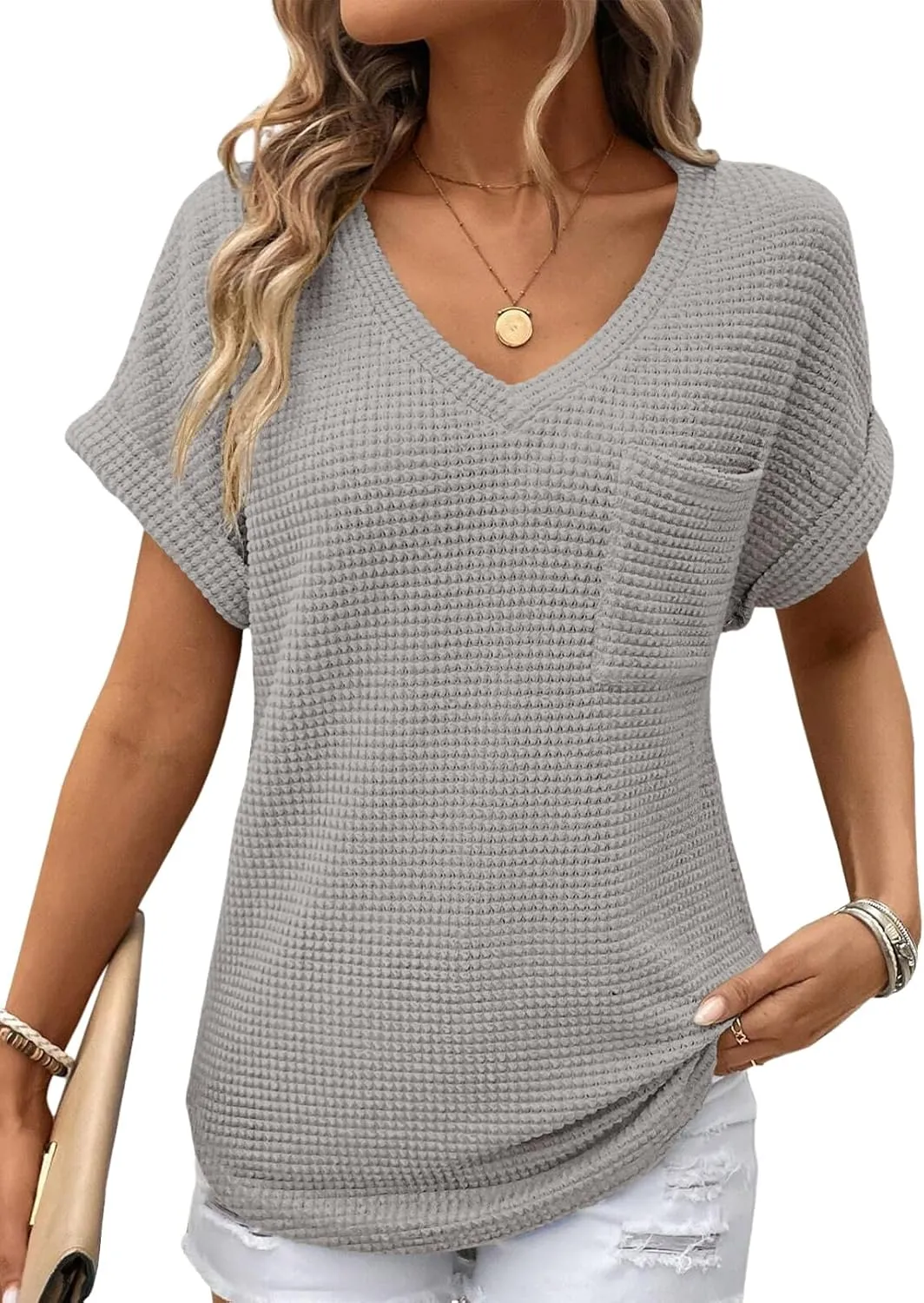 Dokotoo Womens Waffle Knit Tops 2025 Spring Summer V Neck Shirts Casual Trendy Women's Blouses Basic Tee