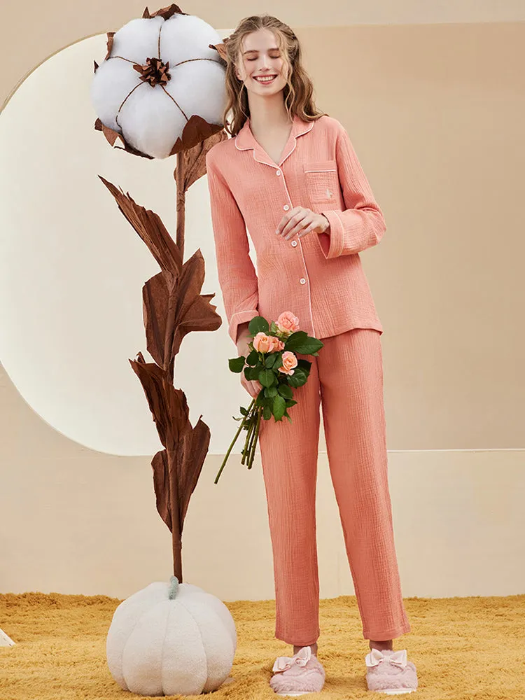 Double-layered Crepe 100% Cotton Solid Color Couple Pajamas Set