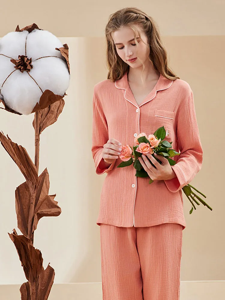 Double-layered Crepe 100% Cotton Solid Color Couple Pajamas Set