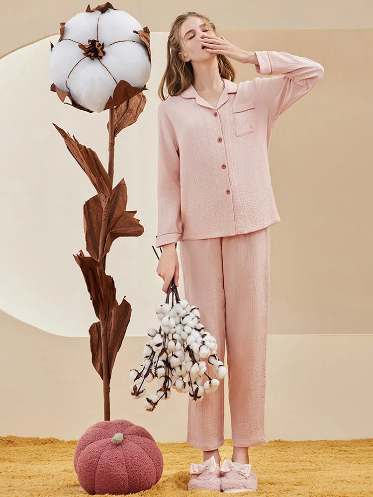 Double-layered Crepe 100% Cotton Solid Color Couple Pajamas Set