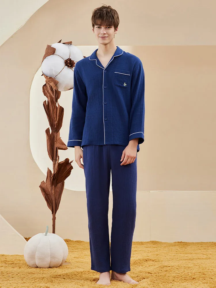 Double-layered Crepe 100% Cotton Solid Color Couple Pajamas Set
