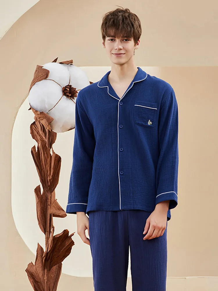 Double-layered Crepe 100% Cotton Solid Color Couple Pajamas Set