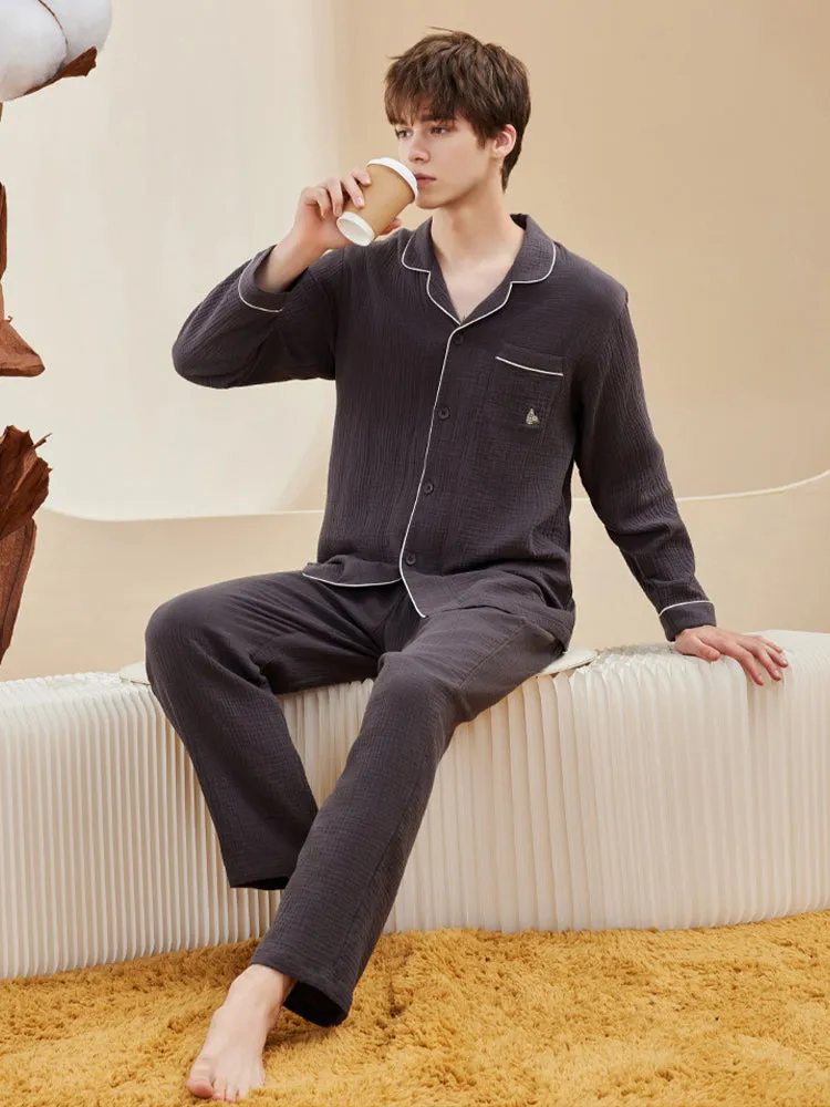 Double-layered Crepe 100% Cotton Solid Color Couple Pajamas Set