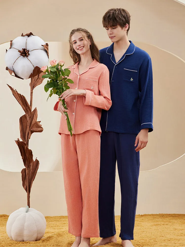Double-layered Crepe 100% Cotton Solid Color Couple Pajamas Set