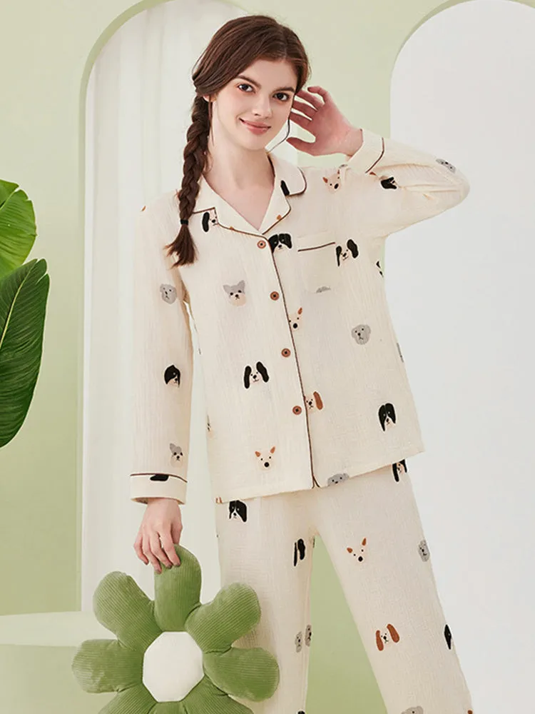 Double-layered Crepe 100% Cotton Solid Color Couple Pajamas Set