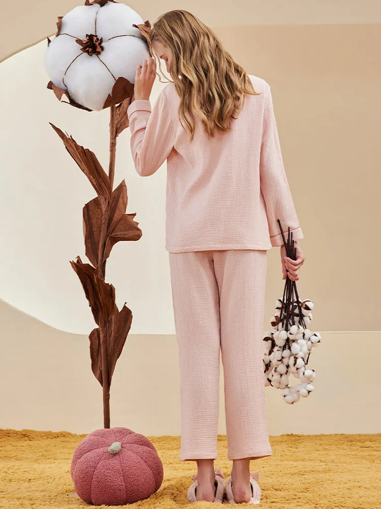 Double-layered Crepe 100% Cotton Solid Color Couple Pajamas Set