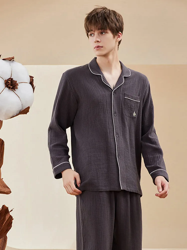 Double-layered Crepe 100% Cotton Solid Color Couple Pajamas Set