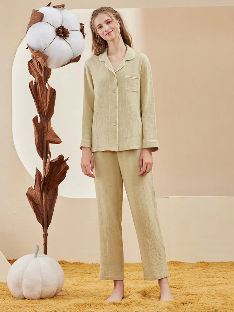 Double-layered Crepe 100% Cotton Solid Color Couple Pajamas Set