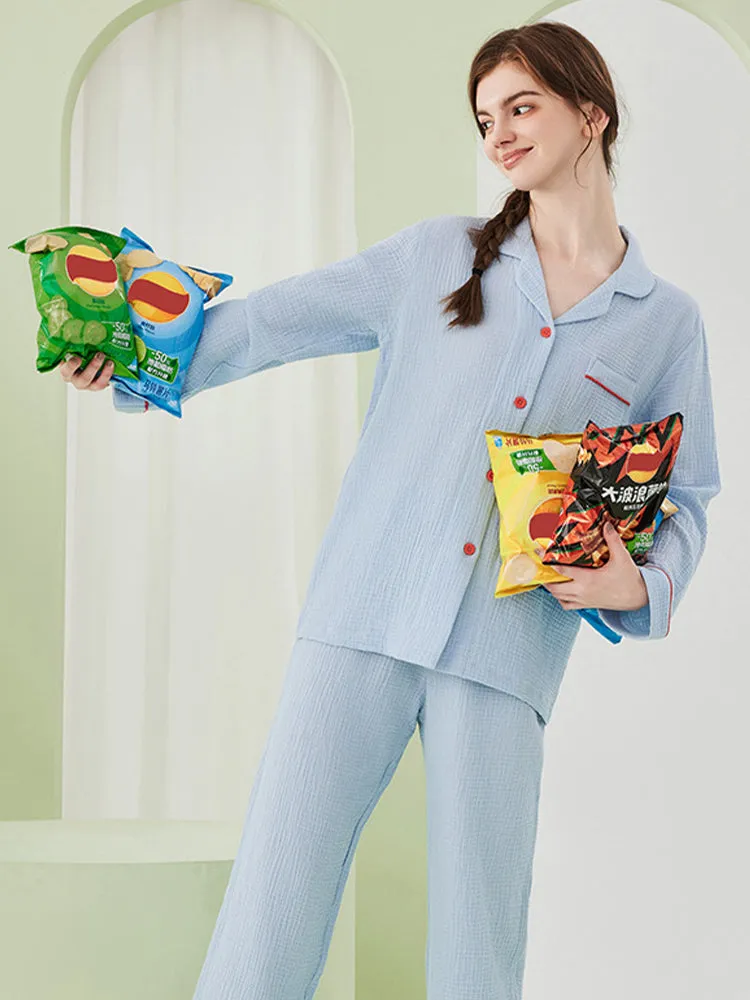 Double-layered Crepe 100% Cotton Solid Color Couple Pajamas Set