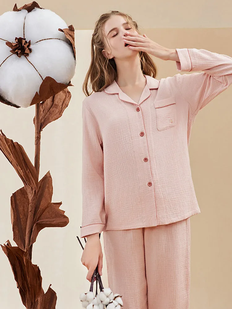 Double-layered Crepe 100% Cotton Solid Color Couple Pajamas Set