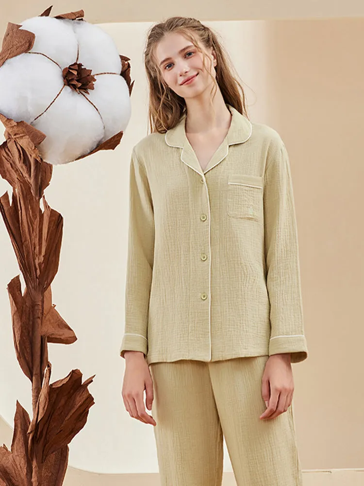 Double-layered Crepe 100% Cotton Solid Color Couple Pajamas Set