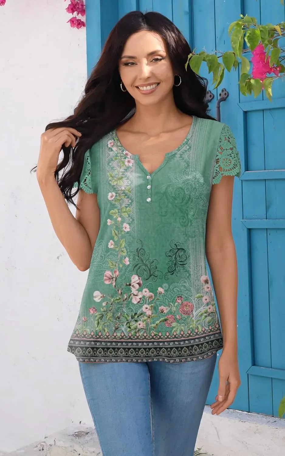 ETCYY Womens T Shirts Short Sleeve Spring 2025 Fashion Summer Tank Top V-Neck Button Down Floral Dressy Casual Blouses