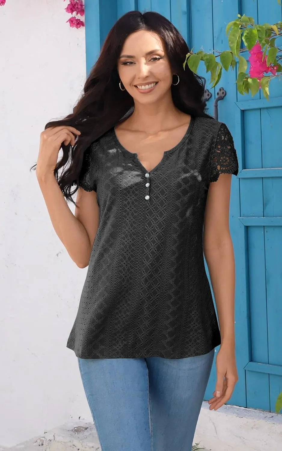 ETCYY Womens T Shirts Short Sleeve Spring 2025 Fashion Summer Tank Top V-Neck Button Down Floral Dressy Casual Blouses