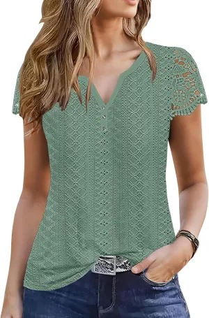 ETCYY Womens T Shirts Short Sleeve Spring 2025 Fashion Summer Tank Top V-Neck Button Down Floral Dressy Casual Blouses