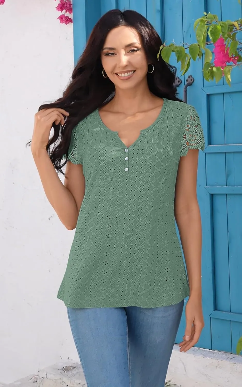 ETCYY Womens T Shirts Short Sleeve Spring 2025 Fashion Summer Tank Top V-Neck Button Down Floral Dressy Casual Blouses