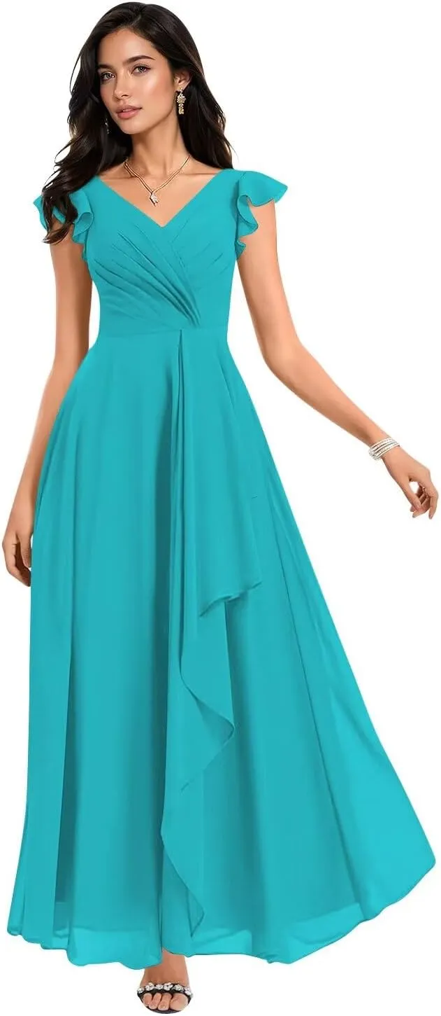 Flutter Sleeve Ruffle Bridesmaid Dresses for Women 2025 V Neck Long Formal Dress AD011