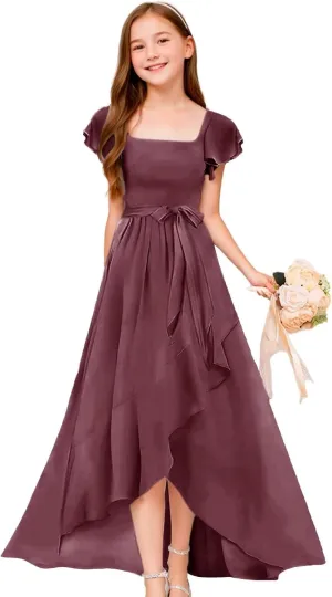 GATMAHE Chiffon Junior Bridesmaid Dresses for Girls Ruffle Sleeve V Neck A Line Flower Girls Dress
