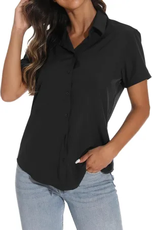 GUANYY Women's Short Sleeve Button Down Shirt Womens Shirts Dressy Casual Business Work Blouses V Neck Collared Tops
