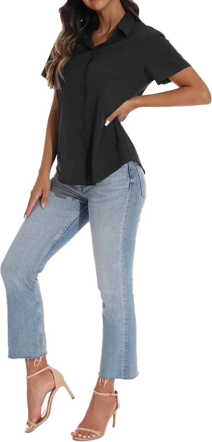 GUANYY Women's Short Sleeve Button Down Shirt Womens Shirts Dressy Casual Business Work Blouses V Neck Collared Tops