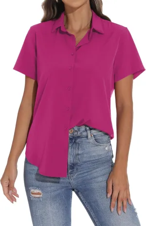 GUANYY Women's Short Sleeve Button Down Shirt Womens Shirts Dressy Casual Business Work Blouses V Neck Collared Tops