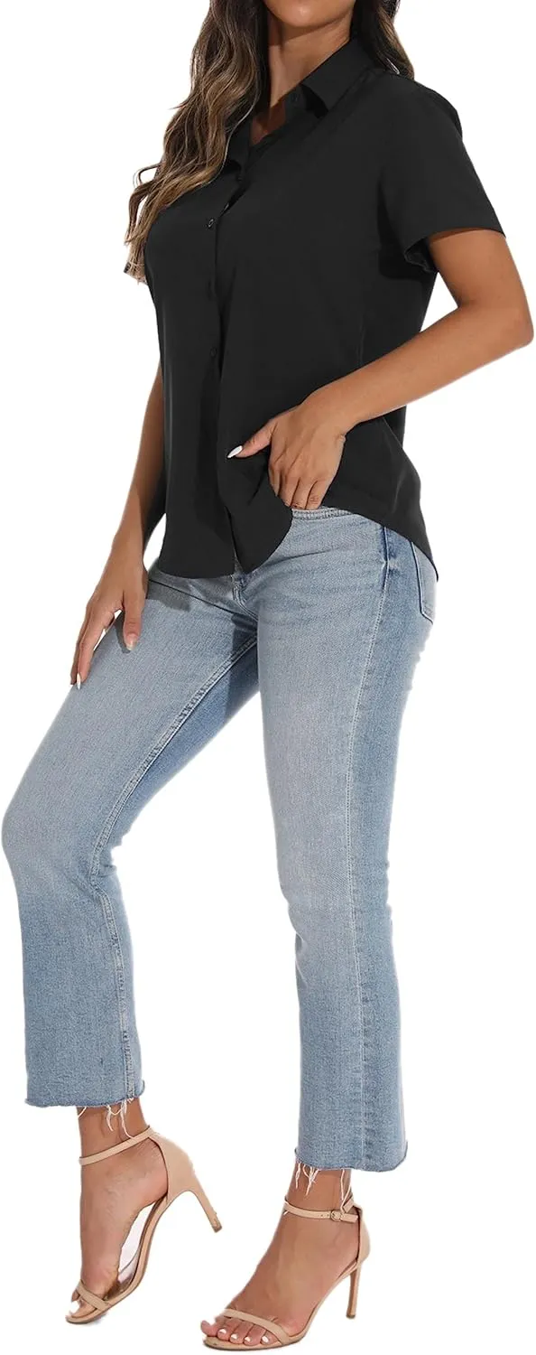 GUANYY Women's Short Sleeve Button Down Shirt Womens Shirts Dressy Casual Business Work Blouses V Neck Collared Tops