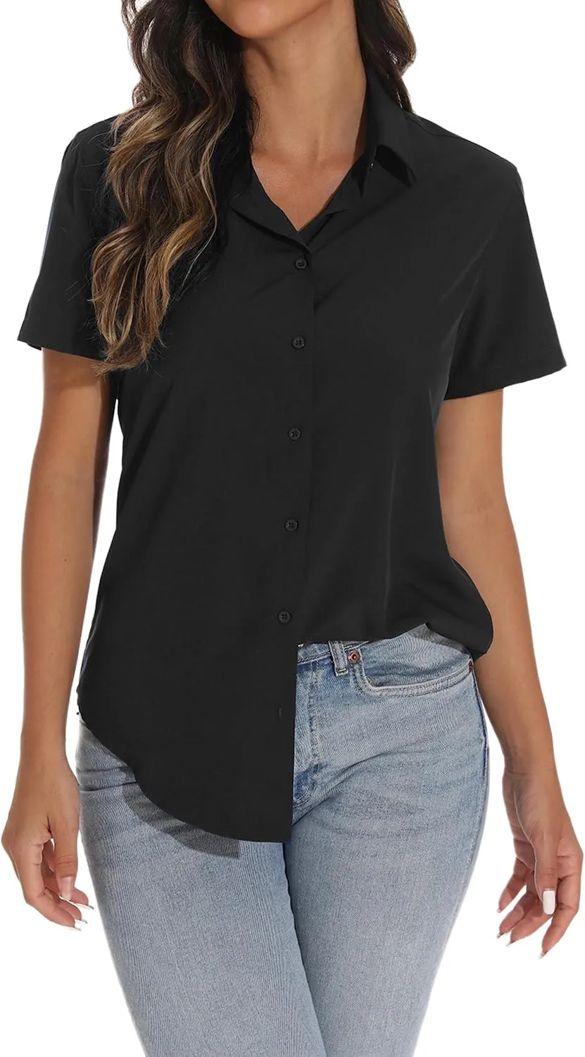GUANYY Women's Short Sleeve Button Down Shirt Womens Shirts Dressy Casual Business Work Blouses V Neck Collared Tops