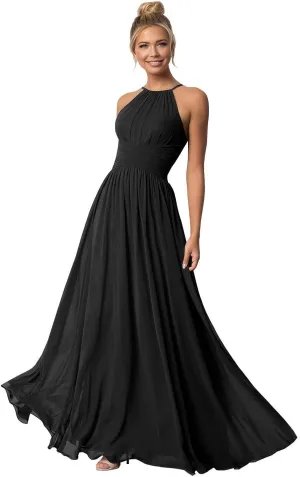 Halter Bridesmaid Dresses Long Chiffon A Line Wedding Formal Prom Evening Gown