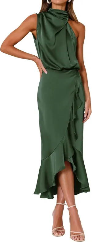 KIRUNDO Womens 2025 Summer Satin Mock Neck Wedding Guest Party Cocktail Midi Dress Sleeveless Wrap Ruffle Formal Dresses