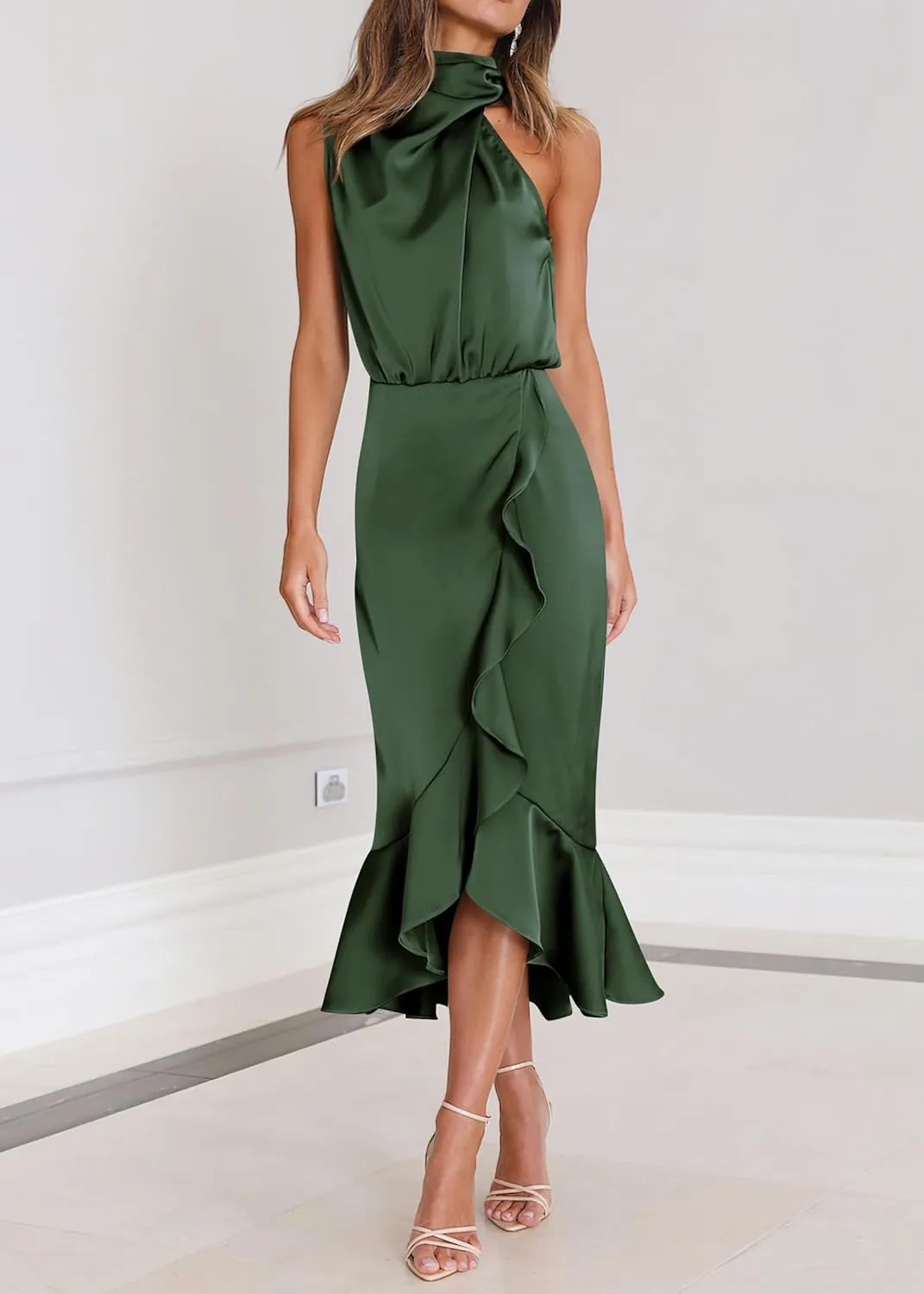 KIRUNDO Womens 2025 Summer Satin Mock Neck Wedding Guest Party Cocktail Midi Dress Sleeveless Wrap Ruffle Formal Dresses