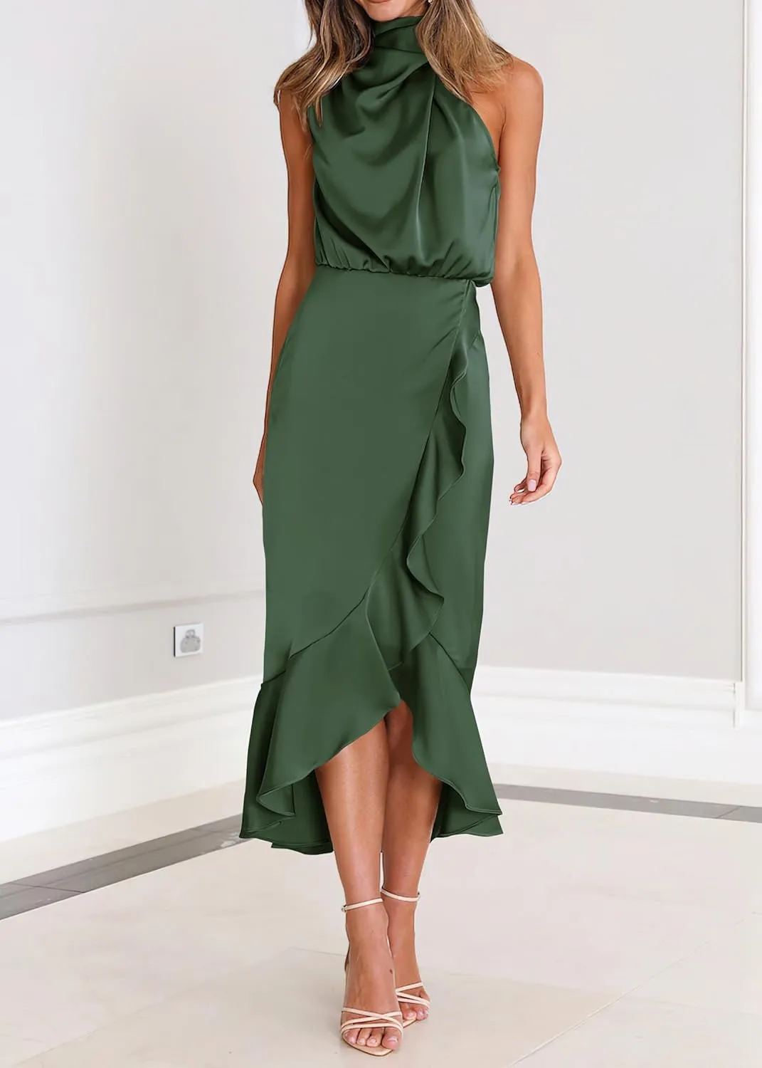 KIRUNDO Womens 2025 Summer Satin Mock Neck Wedding Guest Party Cocktail Midi Dress Sleeveless Wrap Ruffle Formal Dresses