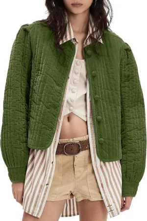 Locachy Women's Vintage Crew Neck Quilted Puffer Jacket Button Down Padded Cropped Fall Winter Outerwear Coat