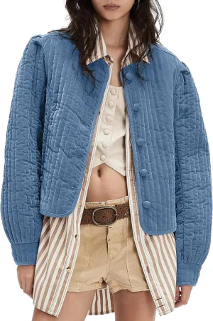 Locachy Women's Vintage Crew Neck Quilted Puffer Jacket Button Down Padded Cropped Fall Winter Outerwear Coat