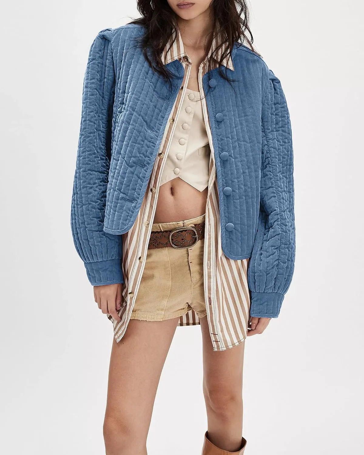 Locachy Women's Vintage Crew Neck Quilted Puffer Jacket Button Down Padded Cropped Fall Winter Outerwear Coat