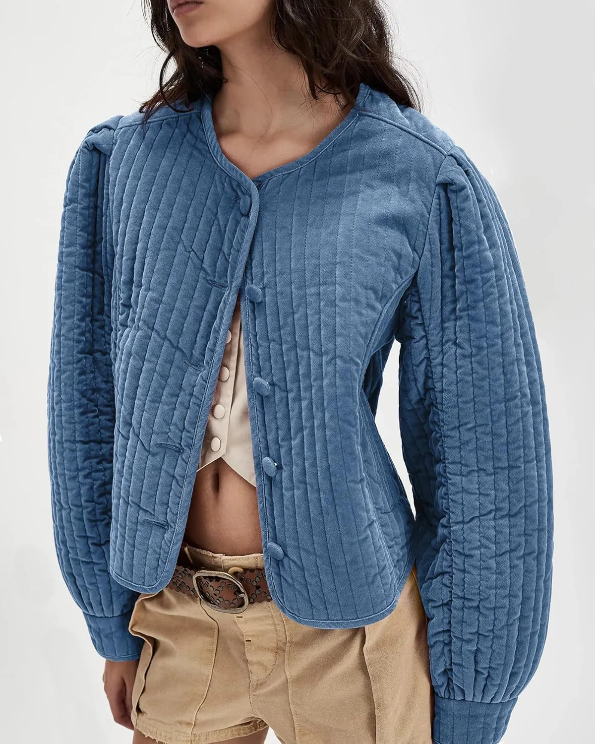 Locachy Women's Vintage Crew Neck Quilted Puffer Jacket Button Down Padded Cropped Fall Winter Outerwear Coat