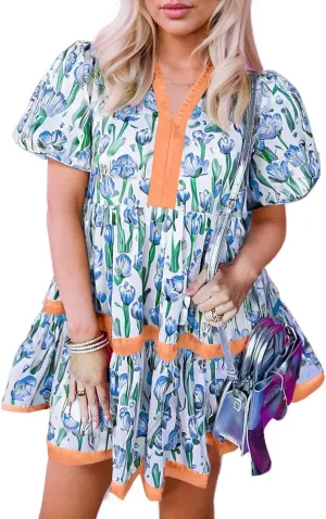 Melliflo Womens Floral Mini Dress Contrast Trim V Neck Bubble Short Sleeve Summer Cute Ruffle Babydoll Dress