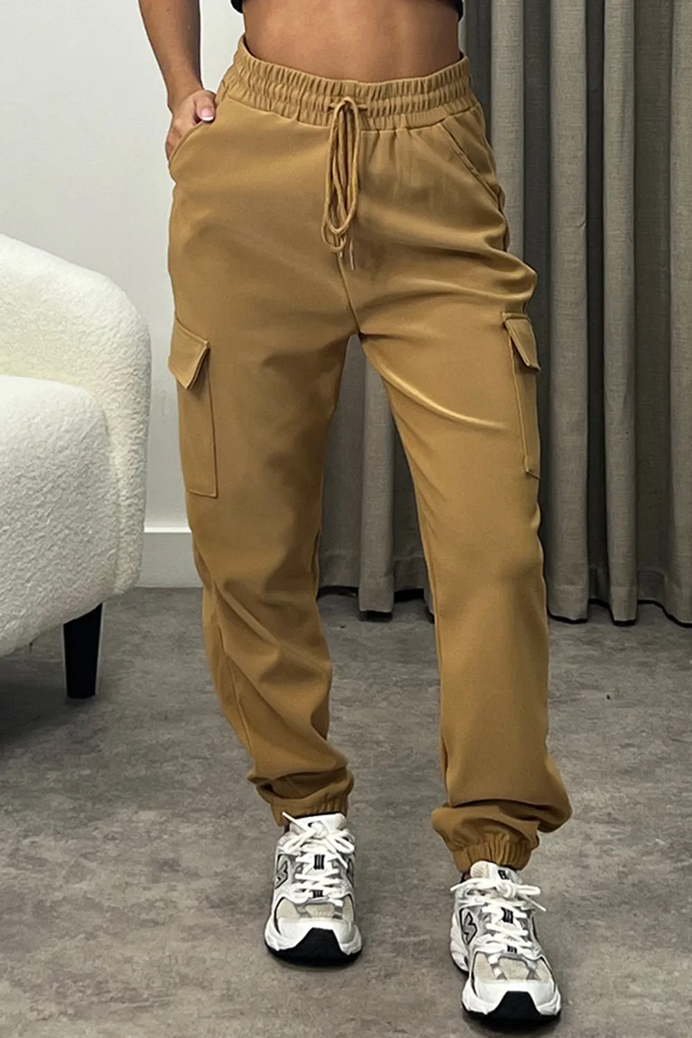 Nicky Dark Beige High Waisted Pocket Detail Cargo Jogger Trousers