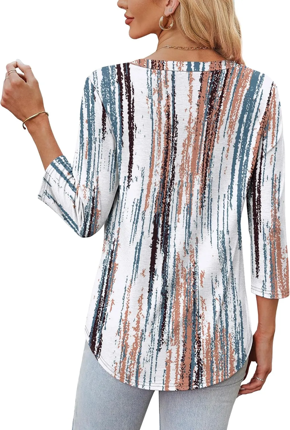 OFEEFAN 3/4 Length Sleeve Womens Tops V Neck Tunic Shirts Loose Curved Hem Blouses Dressy Casual S-3XL