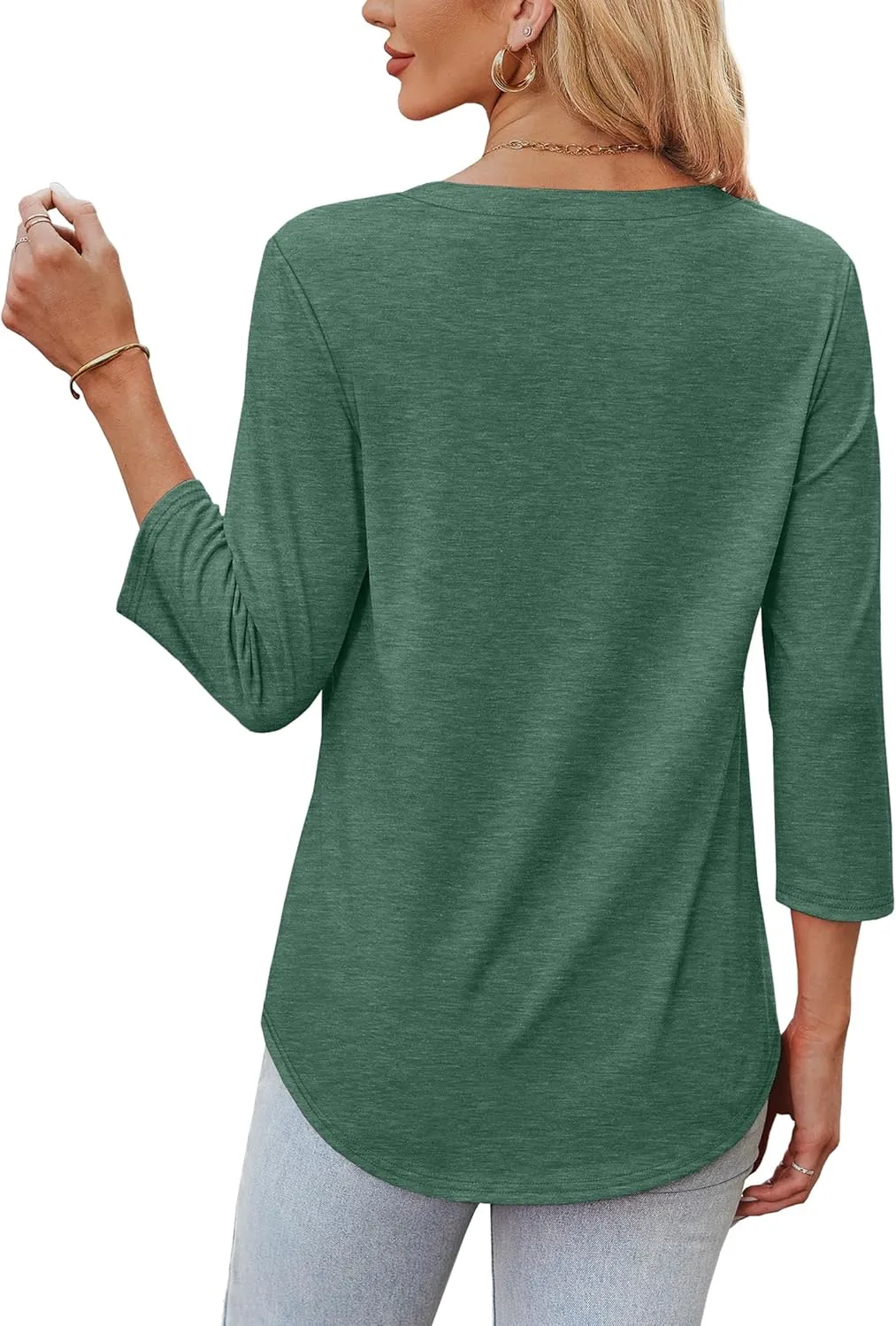 OFEEFAN 3/4 Length Sleeve Womens Tops V Neck Tunic Shirts Loose Curved Hem Blouses Dressy Casual S-3XL