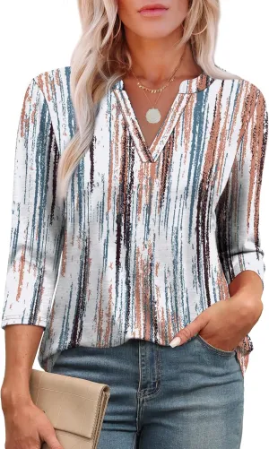 OFEEFAN 3/4 Length Sleeve Womens Tops V Neck Tunic Shirts Loose Curved Hem Blouses Dressy Casual S-3XL