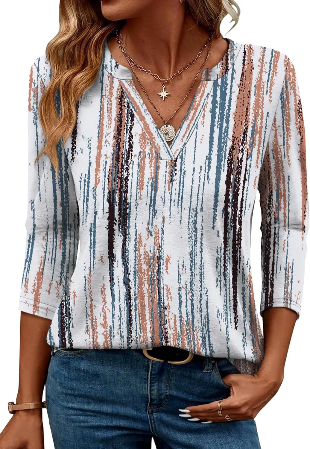 OFEEFAN 3/4 Length Sleeve Womens Tops V Neck Tunic Shirts Loose Curved Hem Blouses Dressy Casual S-3XL