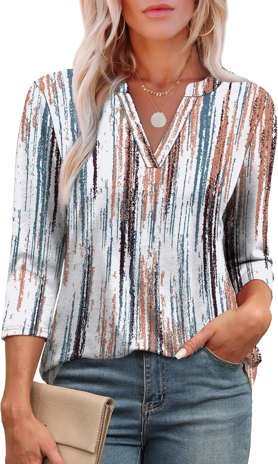 OFEEFAN 3/4 Length Sleeve Womens Tops V Neck Tunic Shirts Loose Curved Hem Blouses Dressy Casual S-3XL